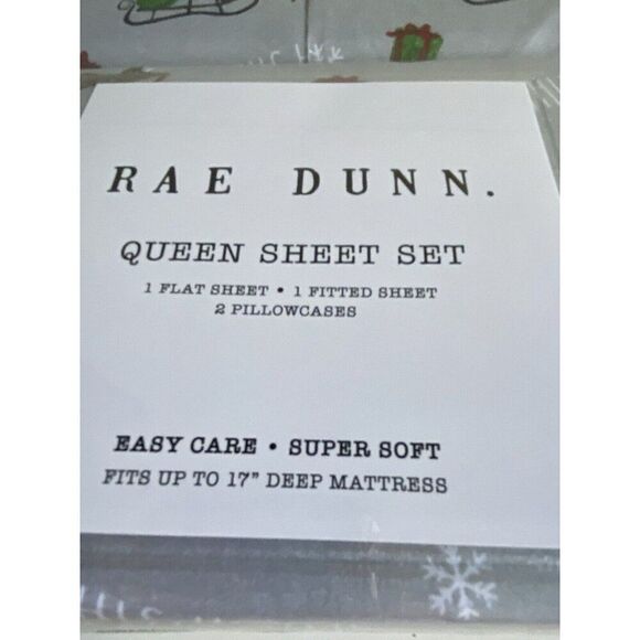Rae Dunn Christmas Santa Claus Sleigh Reindeer QUEEN SIZE Soft Sheet Set Grey - Picture 6 of 16